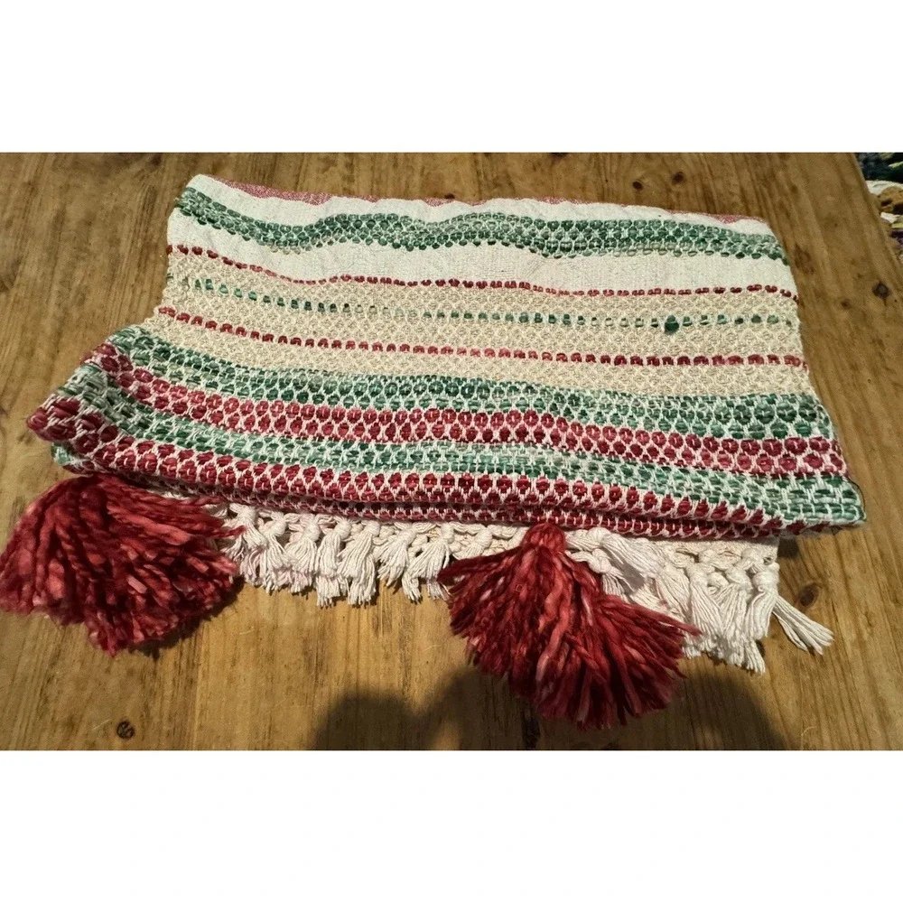 Max Studio Home Woven Throw Blanket Red Green Cream Metallic Fringe Tassels